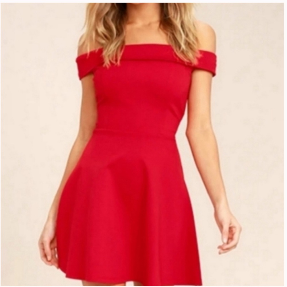New lulus little red dress skater off shoulder zip sz medium